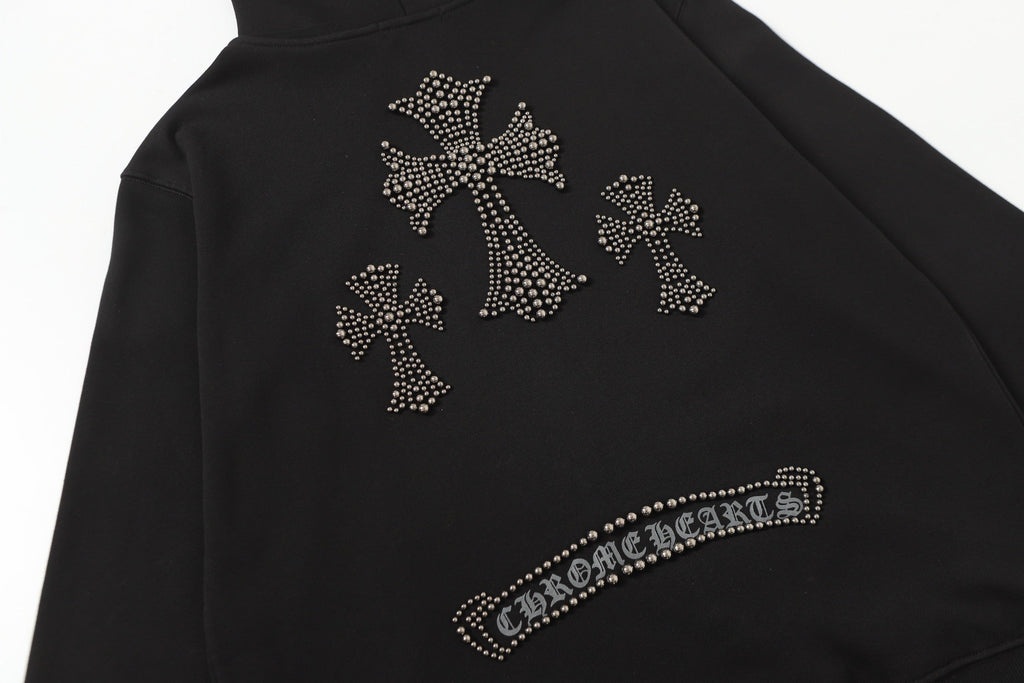 Rhinestone Cross Hoodie - Black Gothic Streetwear Sweatshirt 2633