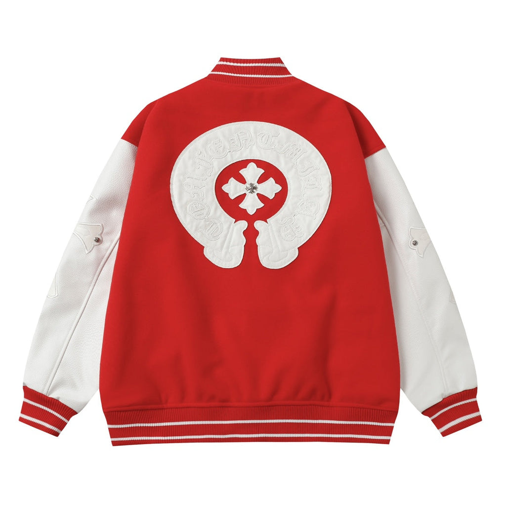 Red Cross Varsity Jacket - White Sleeve Gothic Street Baseball Coat D68